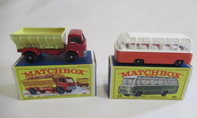 Matchbox 68b Mercedes coach, box M, model M and Mob grit spreader, box M, model M (Est. plus 24% Image