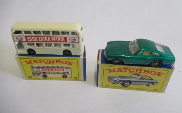 Matchbox 74b Fleetline Bus, box M, model M, small mark to rear right and 75b Ferrari Berlinetta, box Image