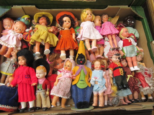 Two trays of mixed vintage dolls, including plastic, celluloid and vinyl examples, as well as Kewpie Image