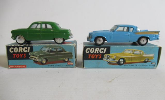 Corgi 200M Ford Consul with fly wheel drive and 211 Studebaker Golden Hawk, boxes F, models E (Est. Image