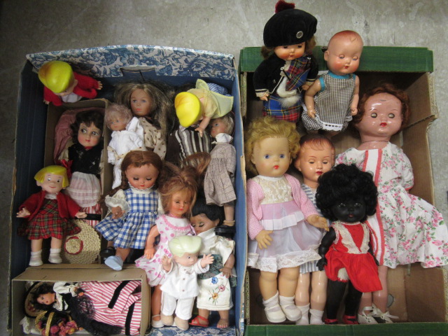 Two boxes of mixed vintage dolls, including a Lenci type sideways glancing doll, 3 Roddy dolls, a Image