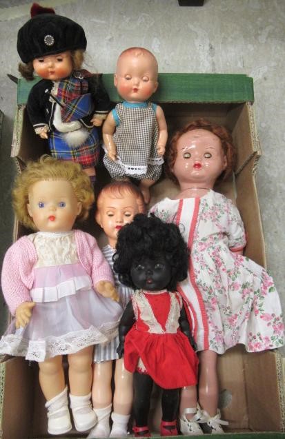 Two boxes of mixed vintage dolls, including a Lenci type sideways glancing doll, 3 Roddy dolls, a Image