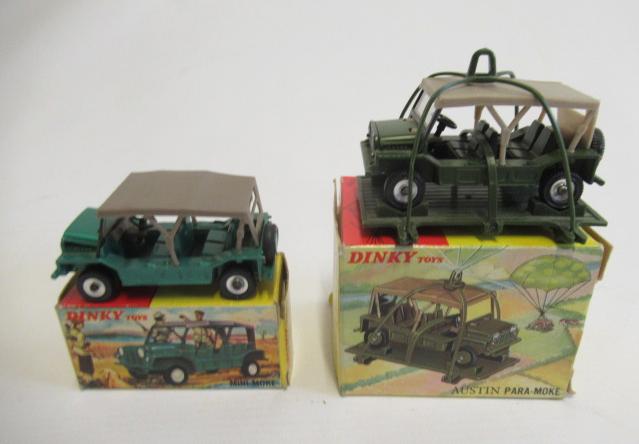 Dinky 342 Mini Moke, box G, model E and 601 Para Mini Moke, box E, model E (parachute missing) (Est. Image