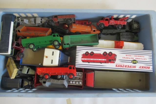 Unboxed Dinky vehicles including buses, trucks and tankers, and an Atlas Leyland Esso tanker, F-P Image