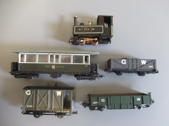 009 narrow gauge G.W.R. Welshpool and Llanfair train with 0-4-0 tank locomotive, passenger coach and Image