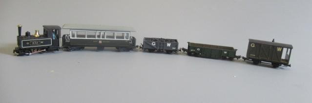 009 narrow gauge G.W.R. Welshpool and Llanfair train with 0-4-0 tank locomotive, passenger coach and Image