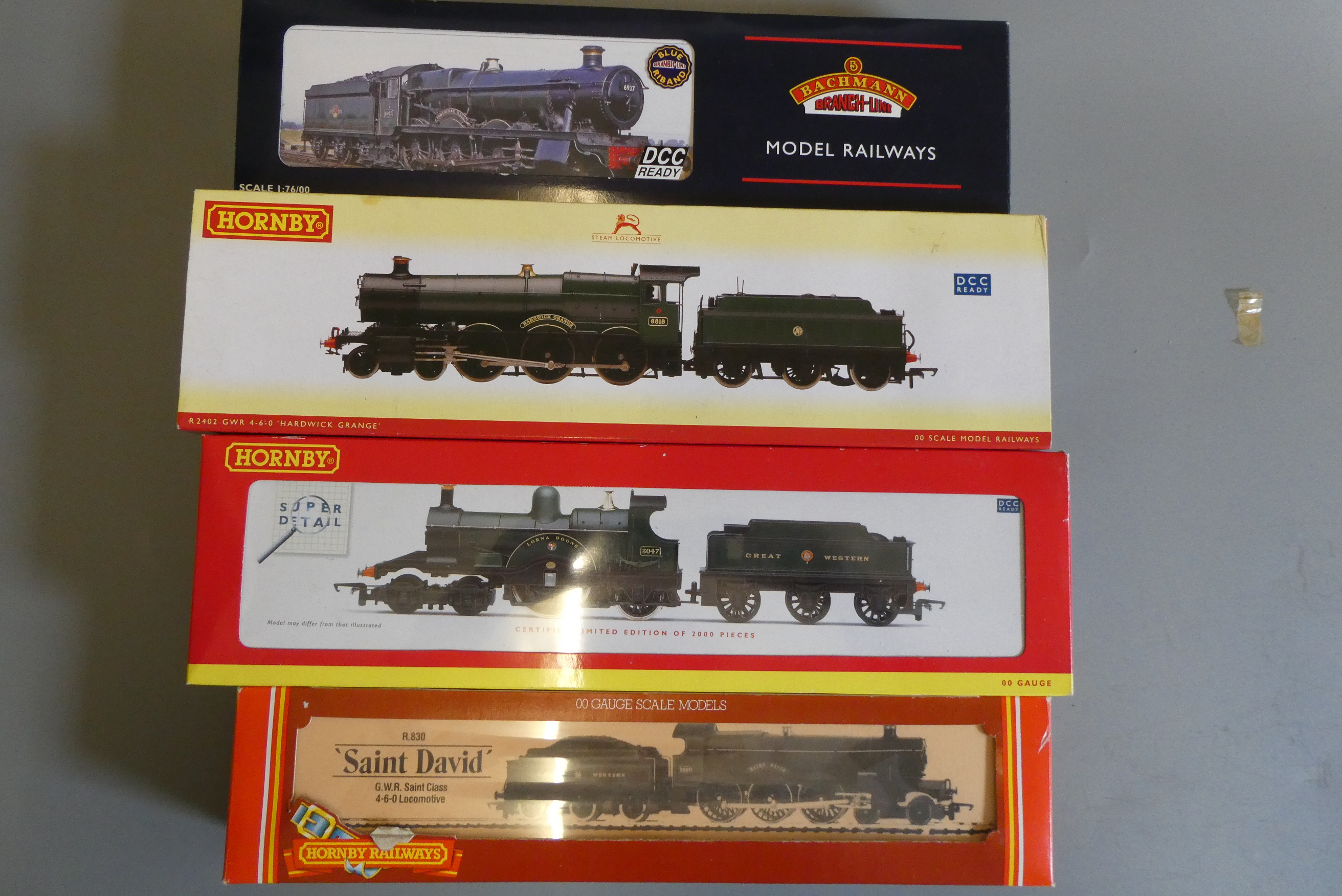 Four G.W.R. locomotives comprising Bachmann 4936 Kinlet Hall, Hornby 6818 Hardwick Grange, 3047 Image