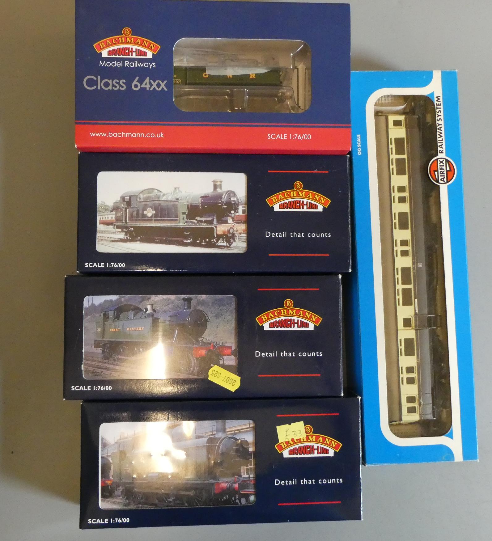 Four G.W.R. locomotives comprising Bachmann 6407 0-6-0T, 5667 2-6-2T. 4550 2-6-2T and 0643 0-6-0T, Image