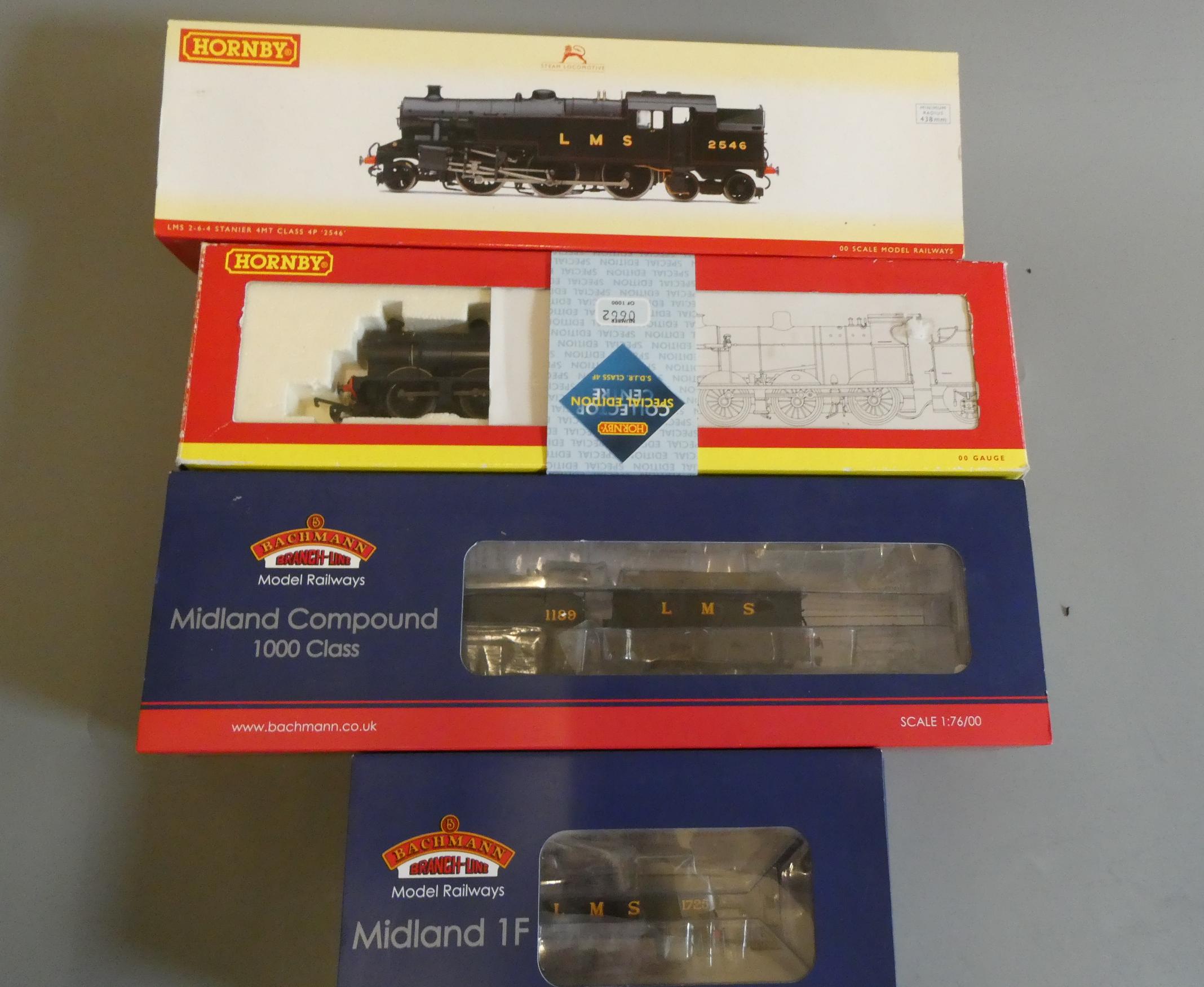 Bachmann L.M.S. 1F 1725, L.M.S. 4-4-0 1189, Hornby S.D.J.R. 5P 0-6-0 and L.M.S. 2-6-4MT 2546, all Image