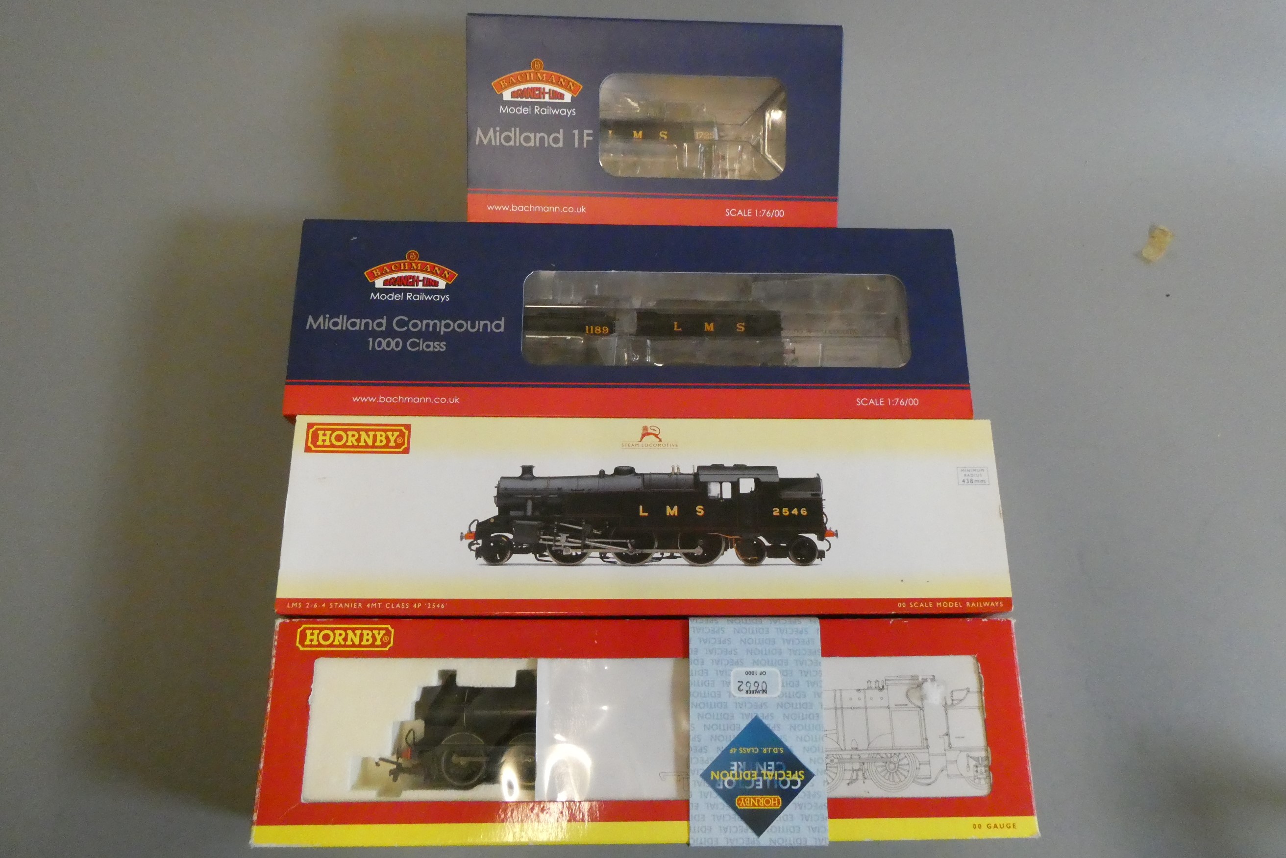 Bachmann L.M.S. 1F 1725, L.M.S. 4-4-0 1189, Hornby S.D.J.R. 5P 0-6-0 and L.M.S. 2-6-4MT 2546, all Image