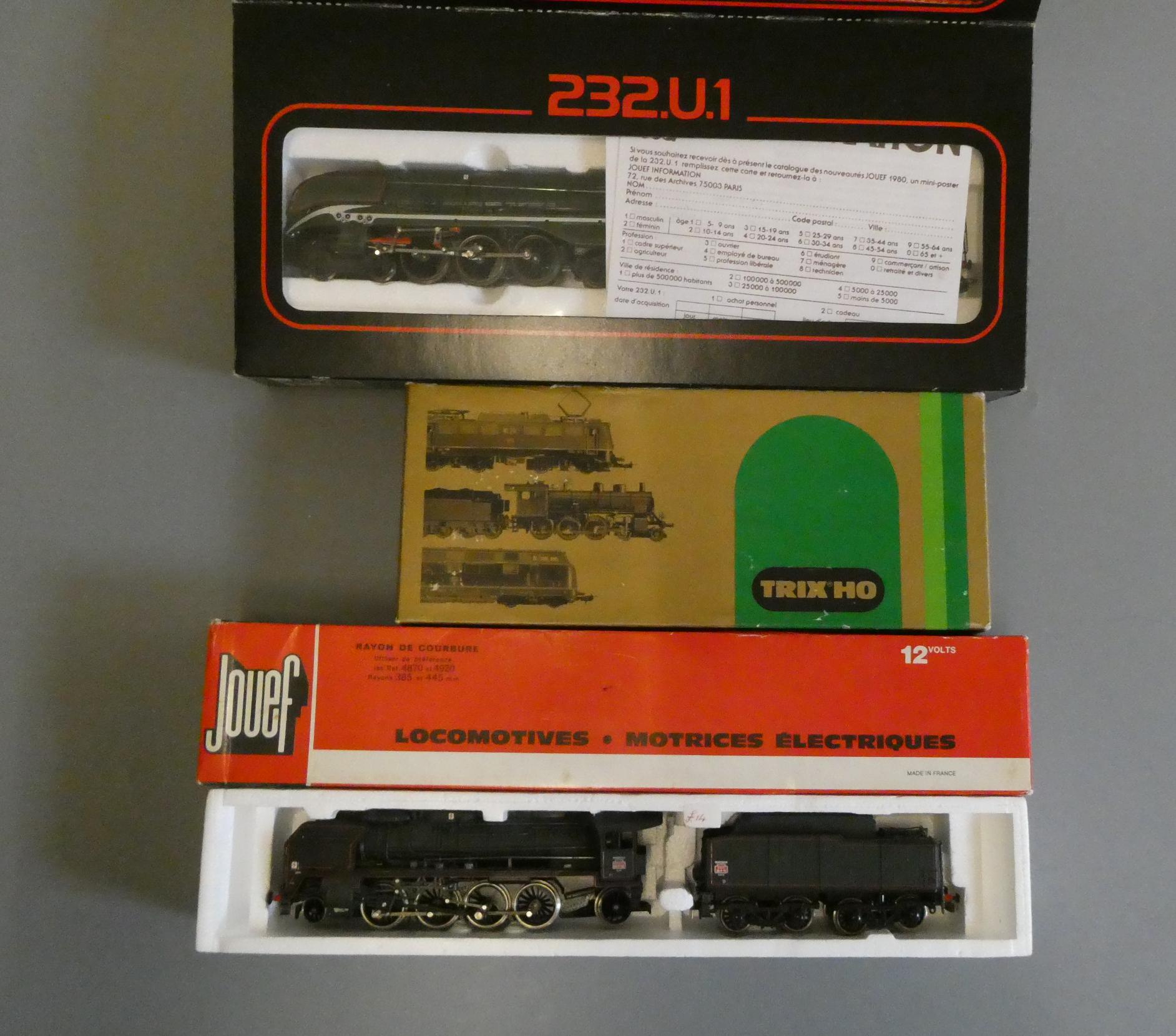 Four H.O. scale S.N.C.F. 4-6-0 Brown Jouef 141P S.N.C.F. in green, S.N.C.F. UI, and Trix HO 2-4-4T Image