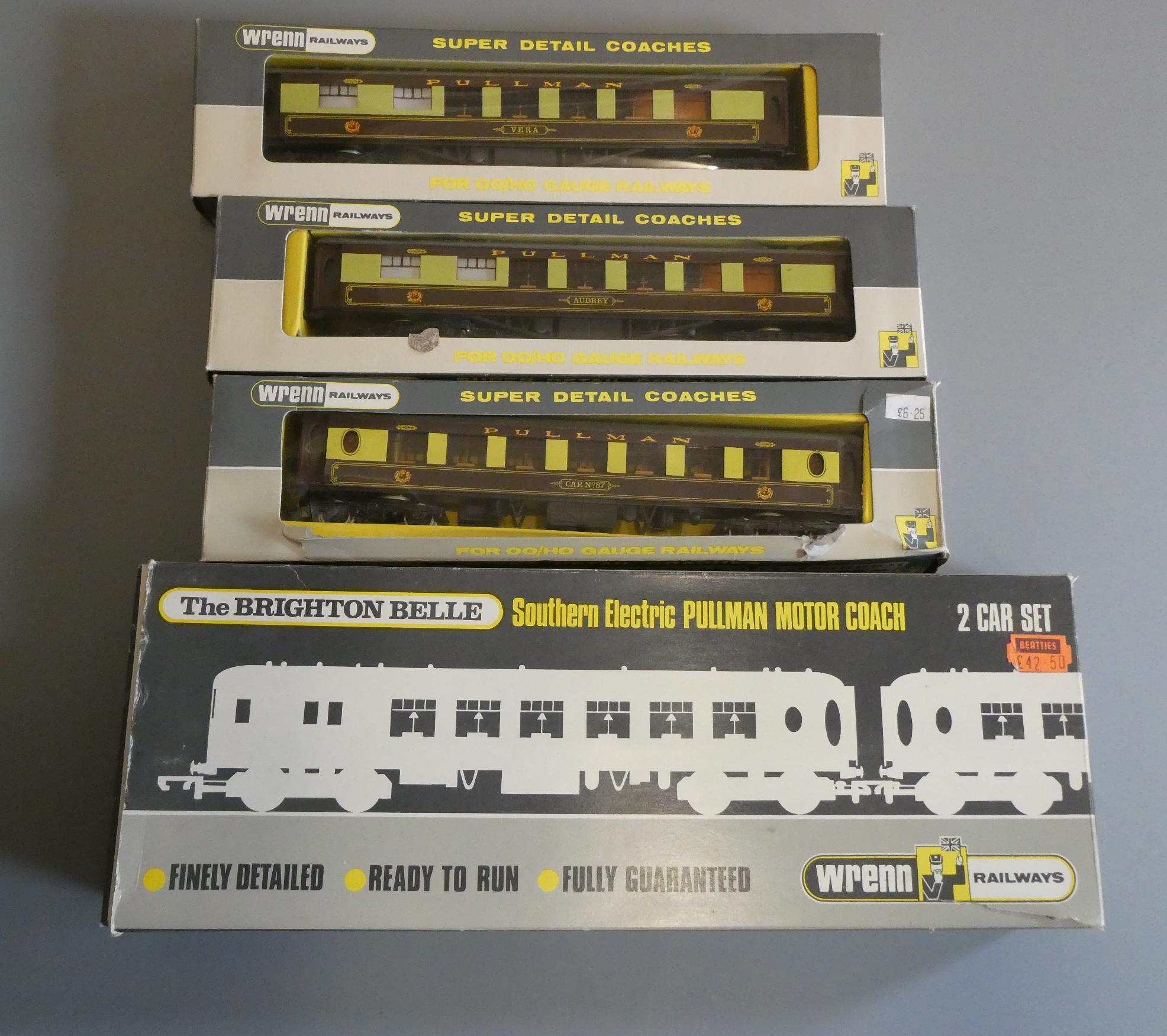 Wrenn Railways Pullman electric motor coach and three Pullman coaches finished in brown, cream Image
