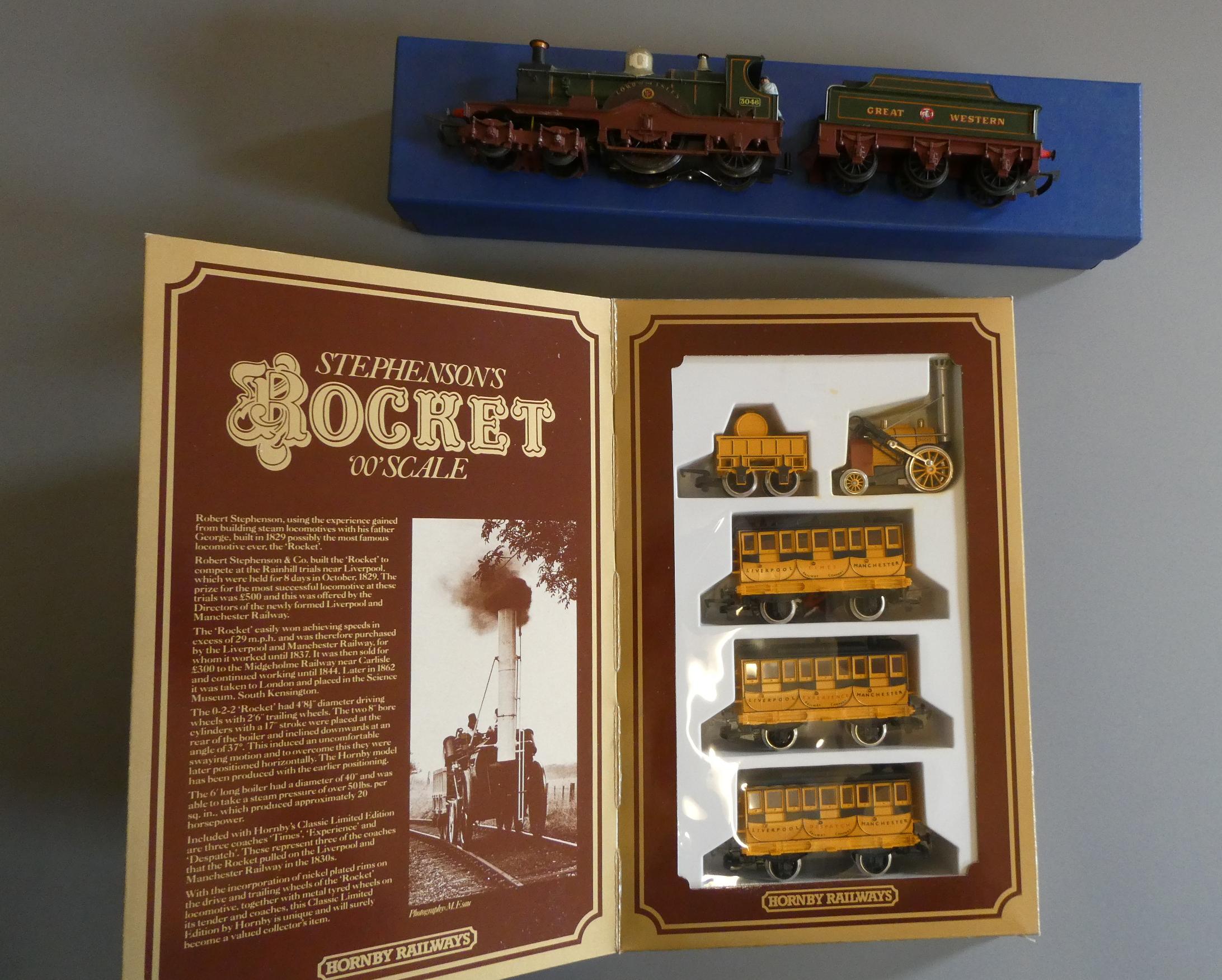 Hornby Margate Stephenson's Rocket Set with three coaches, boxed E-M and Triang Lord of the Isles, Image