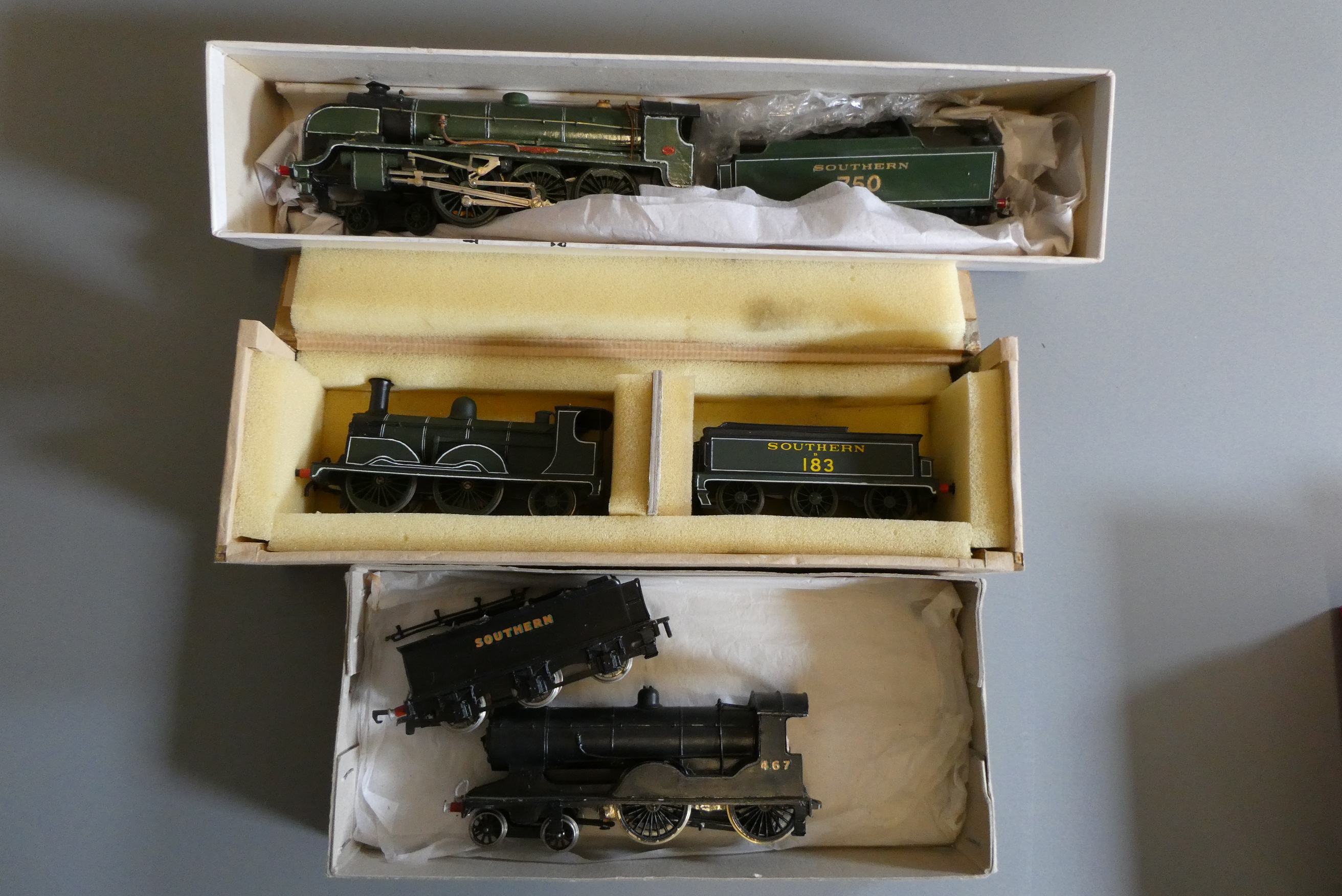 Three kit built S.R. locomotives comprising D15 in black 467, 0-4-2 Gladstones 183, and King Arthur Image