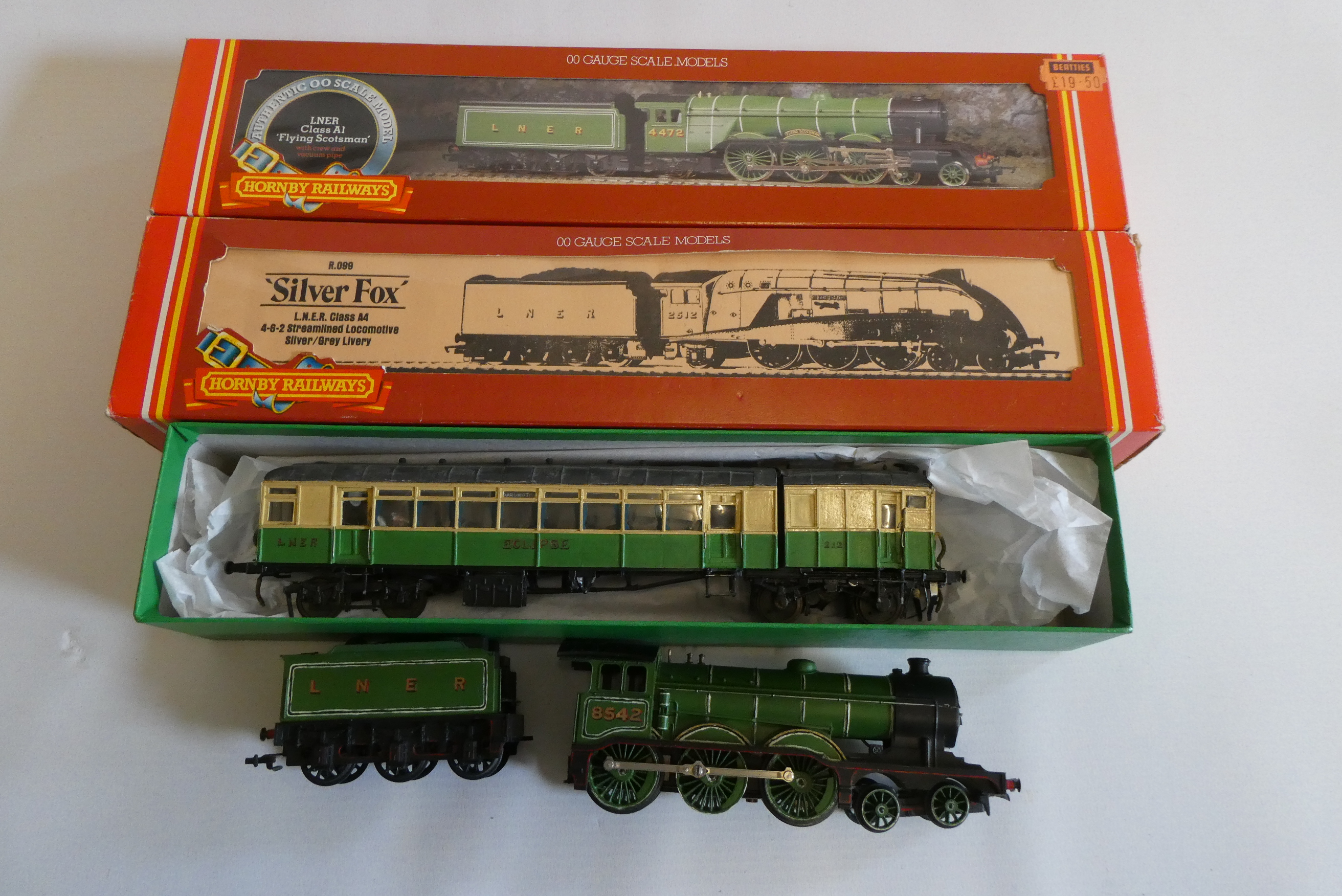 Four L.N.E.R. locomotives comprising Rail Car 211 Eclipse, A4 Silver Fox in grey, A3 4472 Flying Image