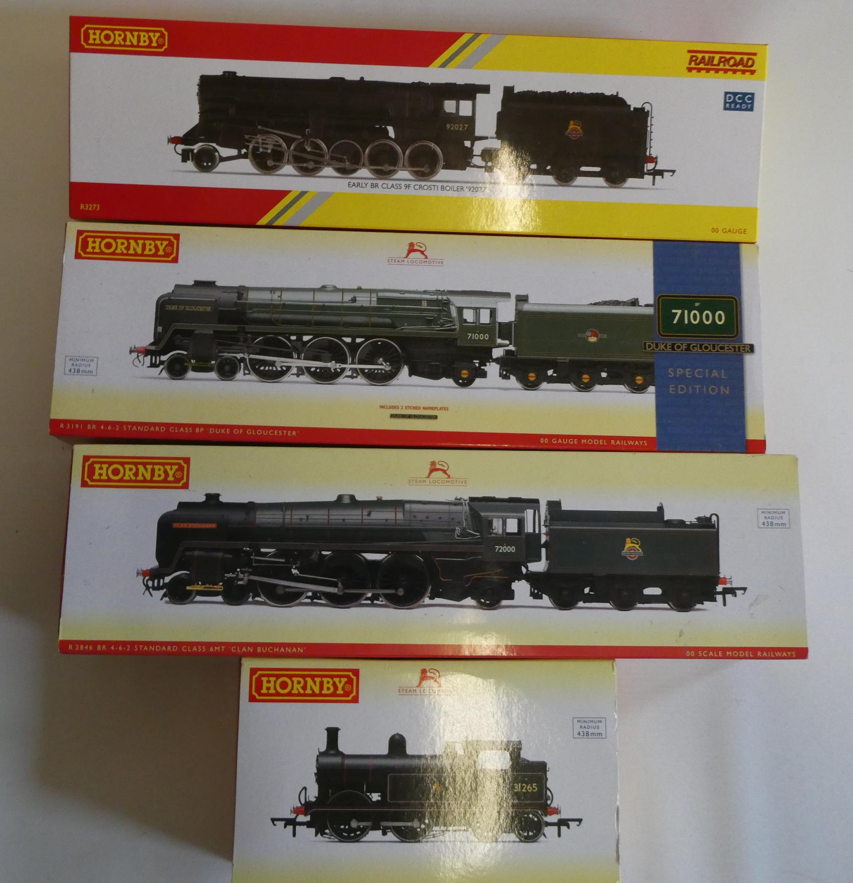 Four Hornby locomotives comprising B.R. 0-4-4 H Class 31265, B.R. 4-6-2 8P Duke of Gloucester, B.R. Image