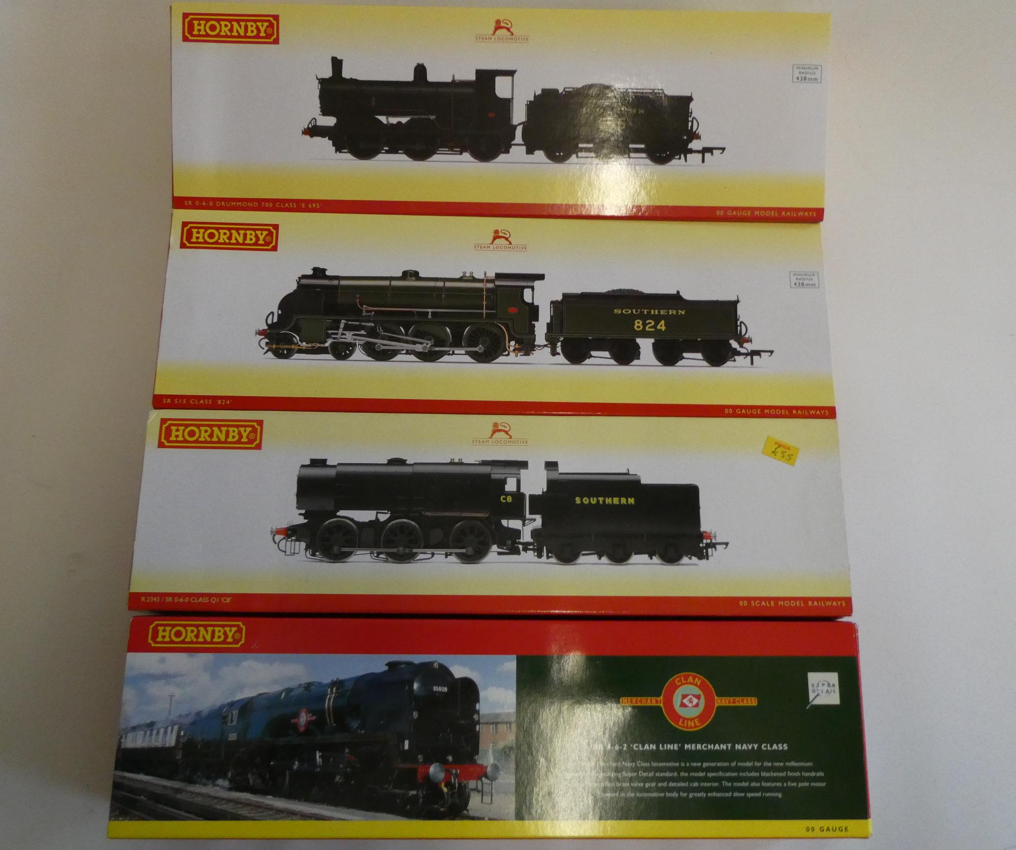 Four Hornby S.R. locomotives comprising 4-6-2 Merchant Navy Clan Line, 0-6-0 Q1 in black C8, 4-6-0 Image