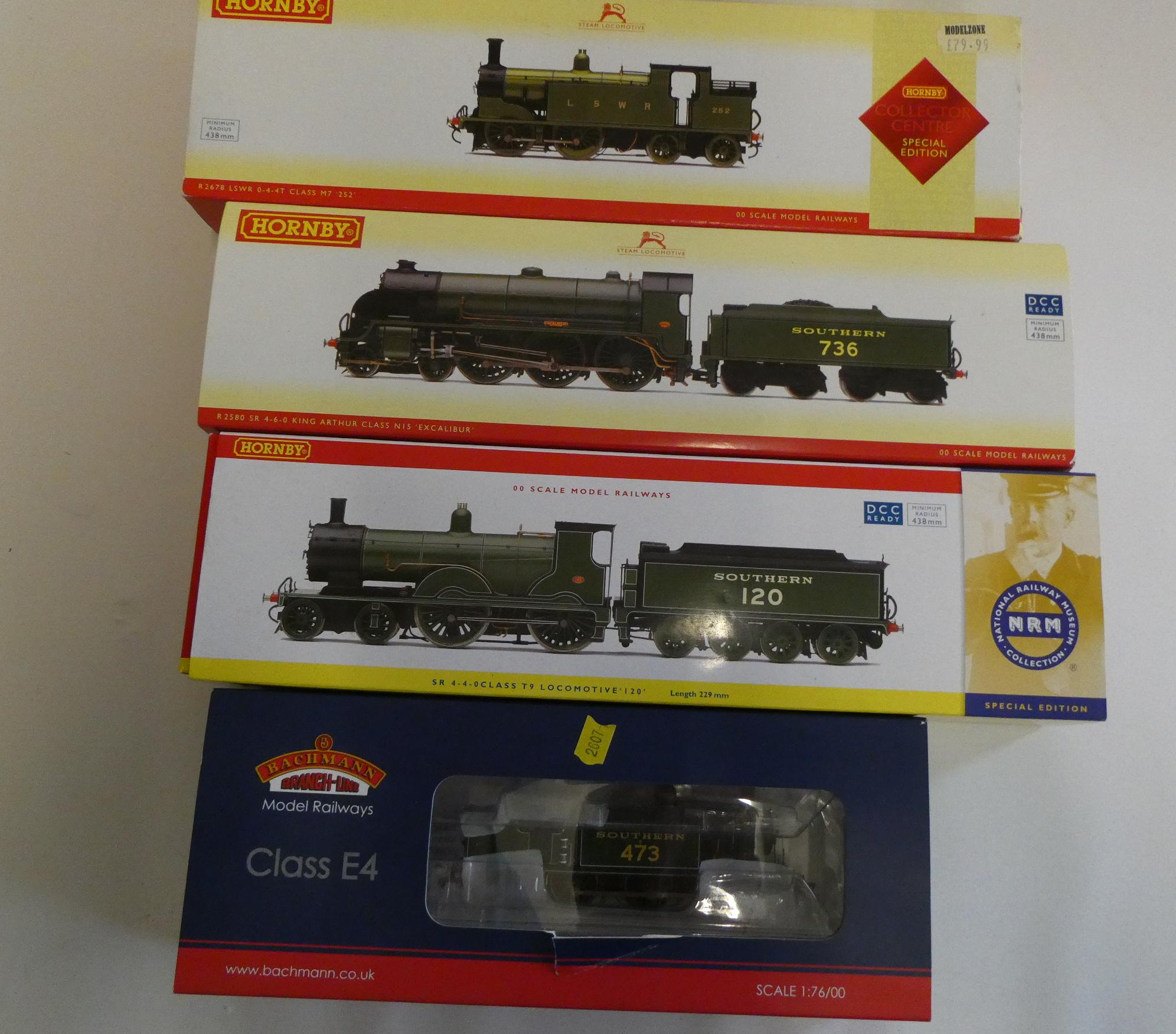 Three Hornby S.R. locomotives comprising 4-4-0 T9 in green 120, 4-6-0 N15 Excalibur in green, 0-4-4 Image