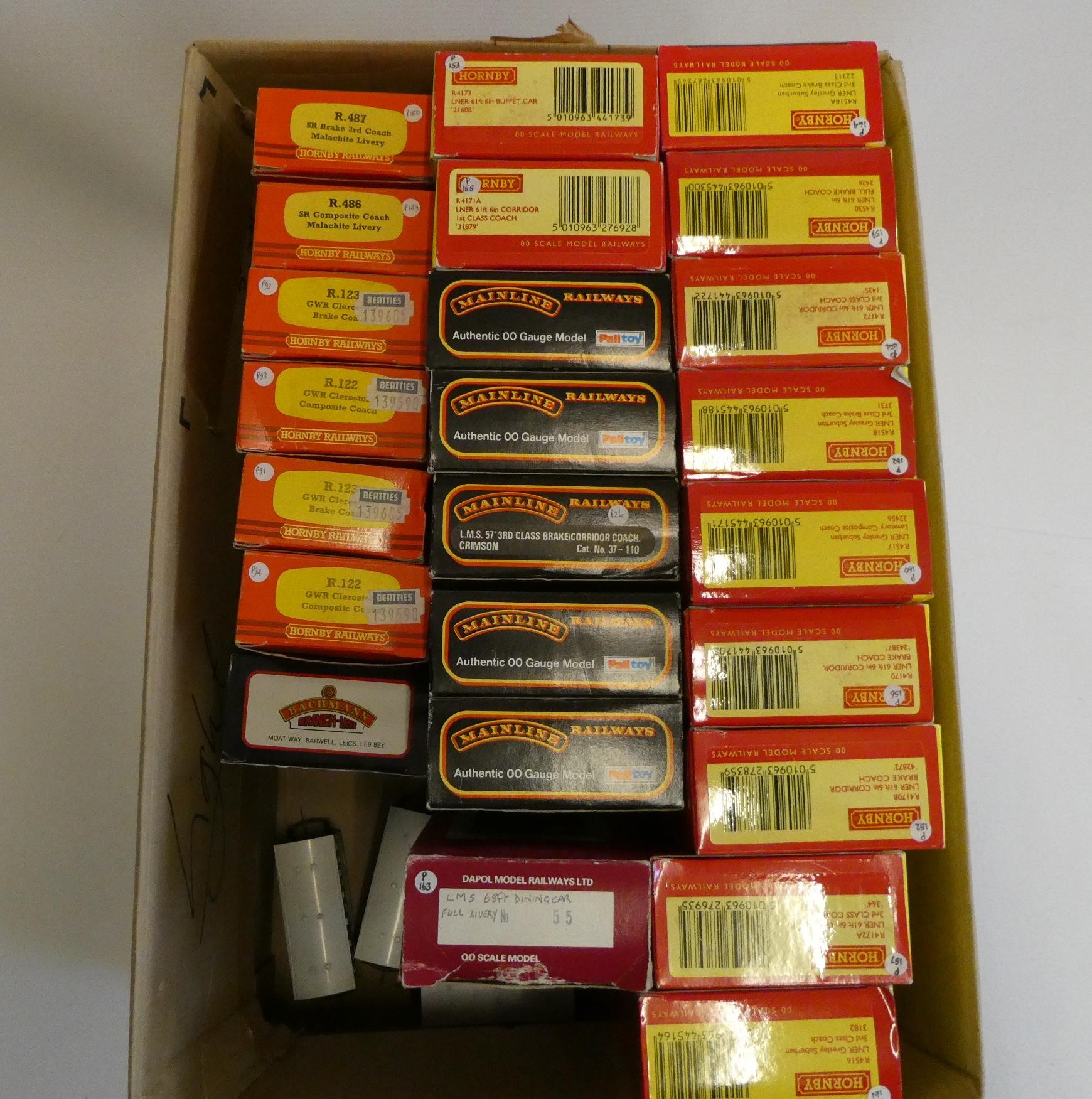 Twenty five passenger coaches by Hornby and Mainline including L.N.E.R. teak, L.M.S. and G.W.R., Image