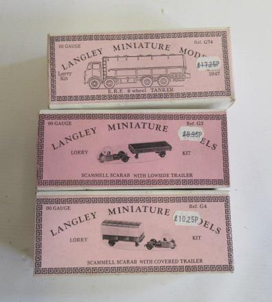 Langley Models OO scale kits comprising E.R.F. eight wheel tanker, Scammel with low side trailer and Image