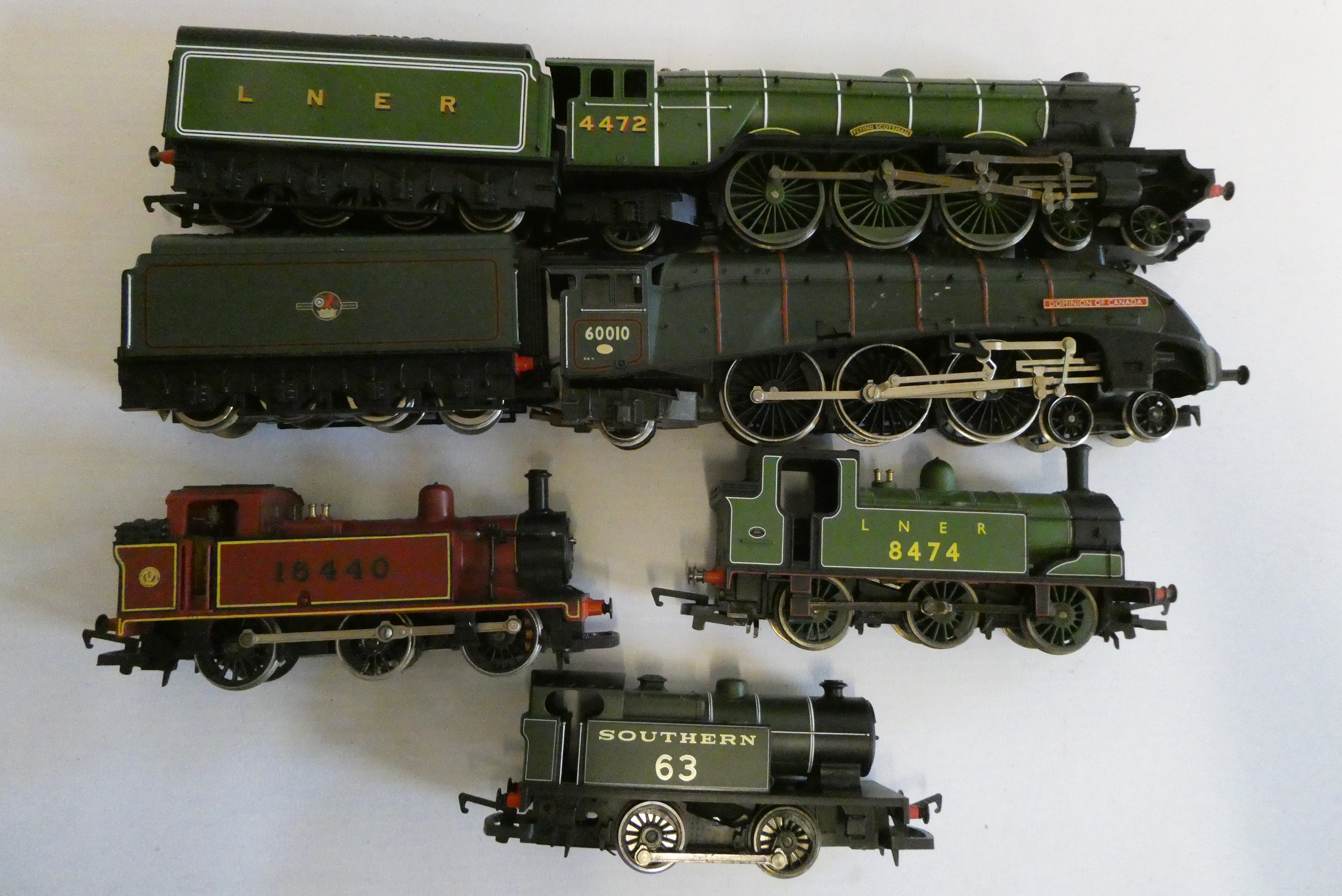 Unboxed Hornby locomotives comprising B.R. A4 Dominion of Canada, A3 Flying Scotsman J72 0-6-0T, Image