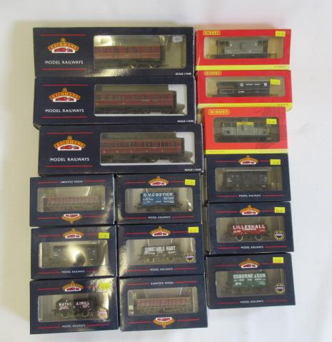 Goods and passenger rolling stock by Bachmann and Hornby including three B.R. coaches, P.O. wagons, Image