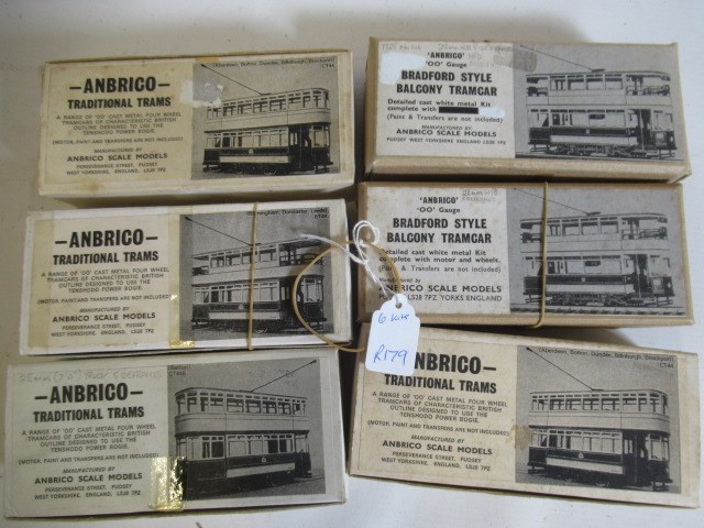 Six Ambrico tram kits Belfast car, Birmingham Leeds car, two Bolton cars and two Bradford cars,. Image
