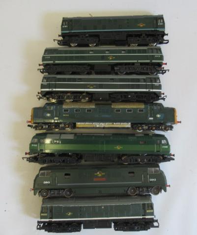 Seven playworn locomotives by Hornby and others including two Bush diesels and warship class, come Image