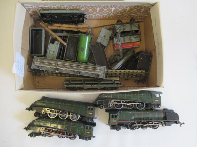 Playworn locomotives and rolling stock by Hornby Dublo including A4 Silver King and goods wagons, Image