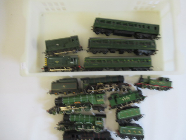 Nine unboxed locomotives by Hornby and others including Flying Scotsman, 08 diesel and J72 tank, F Image