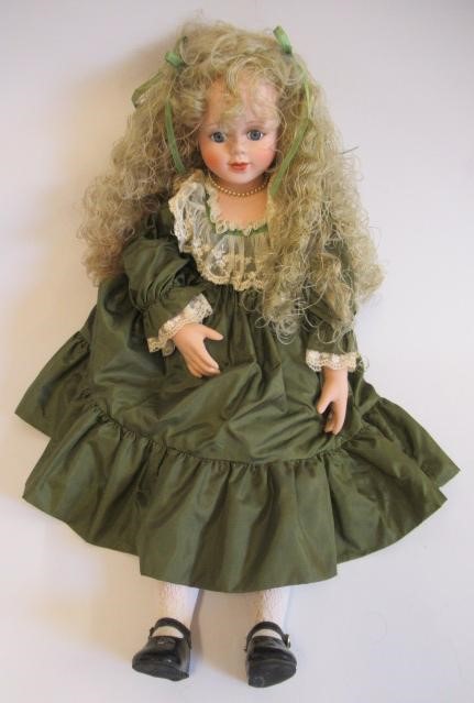 Six collectors dolls, all with ceramic heads, makers such as Titus Tomescu and others, largest 25" Image