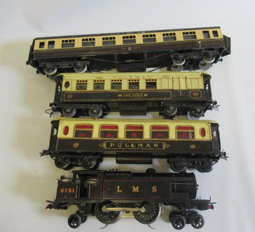 Hornby 20v electric black L.M.S. 4-4-2 tank 6781, two Hornby No.2 Pullman coaches and Exley G.W.R. Image