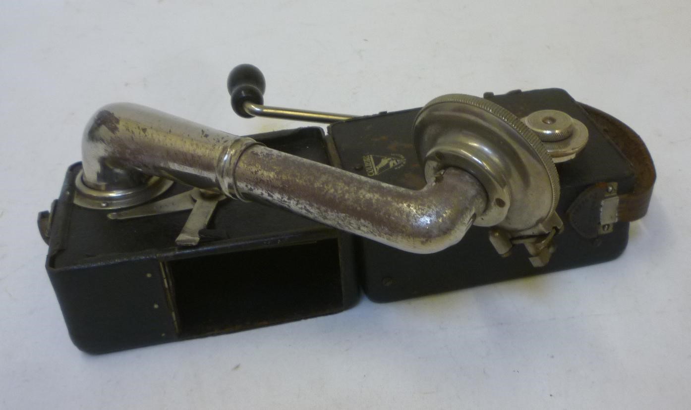 A Colibri "camera" gramophone with folding black metal case Image
