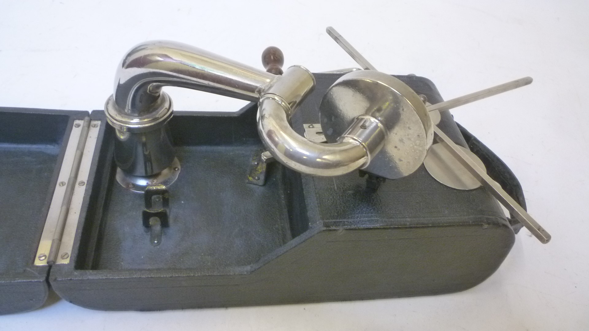 A Peter Pan "camera" gramophone with folding black leather cloth covered wood case Image