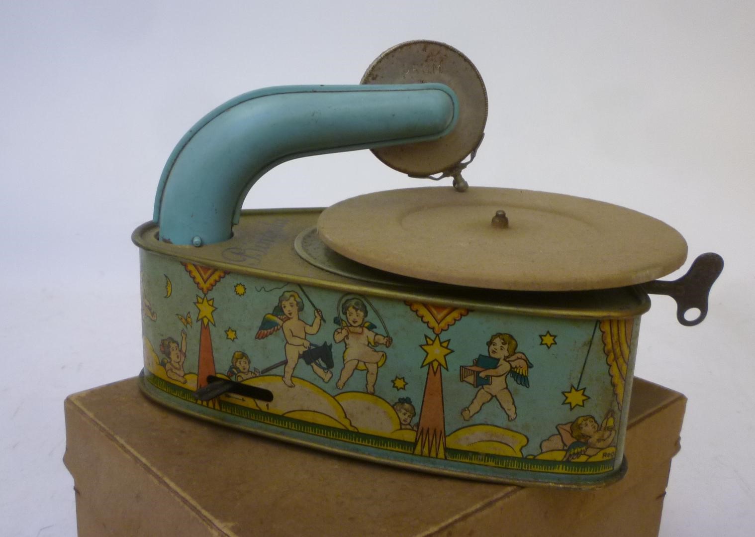 A Bing "Bingola" (German) toy gramophone with tinplate case and pick-up arm Image
