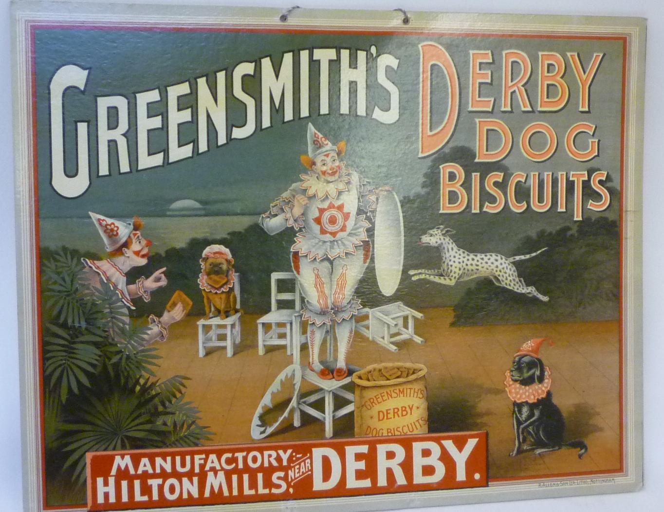 A late Victorian card sign "Greensmith's Derby Dog Biscuits" Image