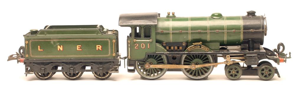 A Hornby Bramham Moor 4-4-0 20v electric locomotive and tender in L.N.E.R. green (one rear wheel to Image
