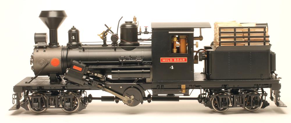 Accucraft live steam Climax locomotive twin cylinder bogie logging locomotive finished in black with Image