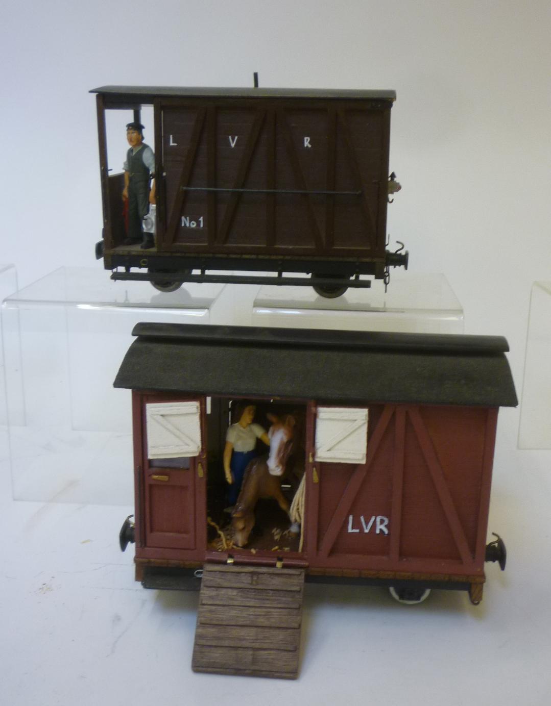 Handmade narrow gauge guards van and horse box finished in maroon Image