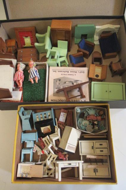 Two boxes of dolls house furniture and accessories Image