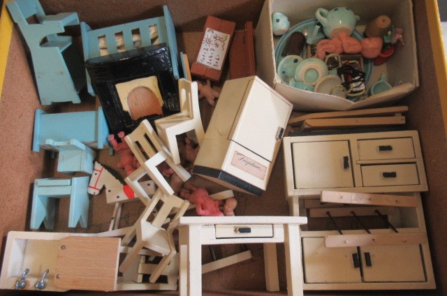Two boxes of dolls house furniture and accessories Image