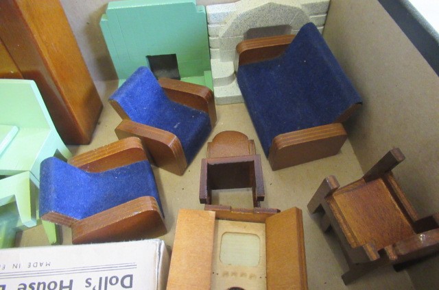 Two boxes of dolls house furniture and accessories Image