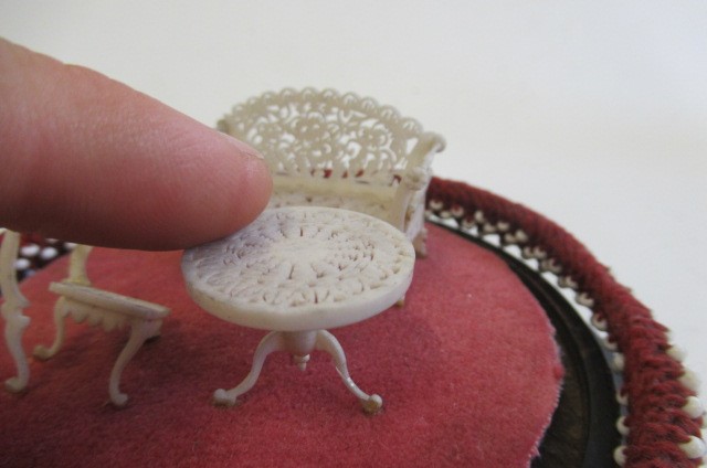 Three pieces of carved and pierced bone dolls house furniture Image