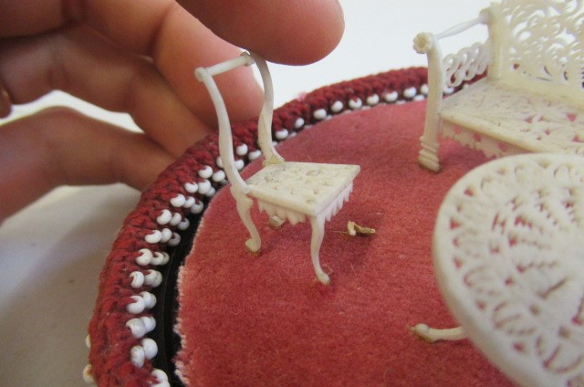 Three pieces of carved and pierced bone dolls house furniture Image