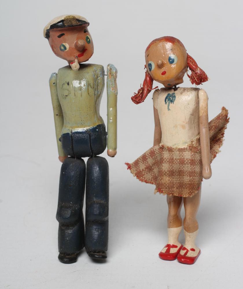 Popeye and Olive Oyl dolls of jointed and painted wooden form Image