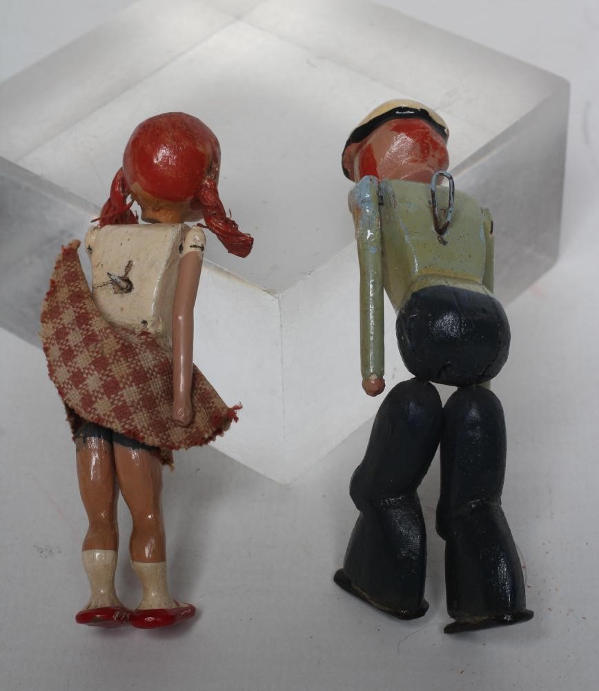 Popeye and Olive Oyl dolls of jointed and painted wooden form Image
