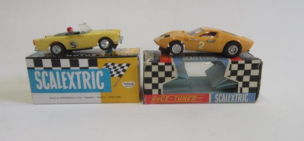 Two Scalextric race cars Sunbeam Tiger in reproduction box and Lamborghini Mura Image