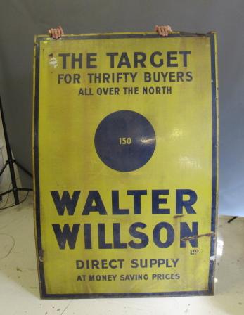 A large enamelled advertising sign for Walter Willson in yellow and blue Image