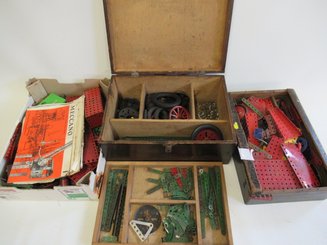 Playworn red and green Meccano parts in wooden box Image