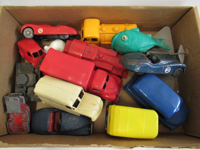 Playworn diecast and plastic vehicles by various makers including cars Image